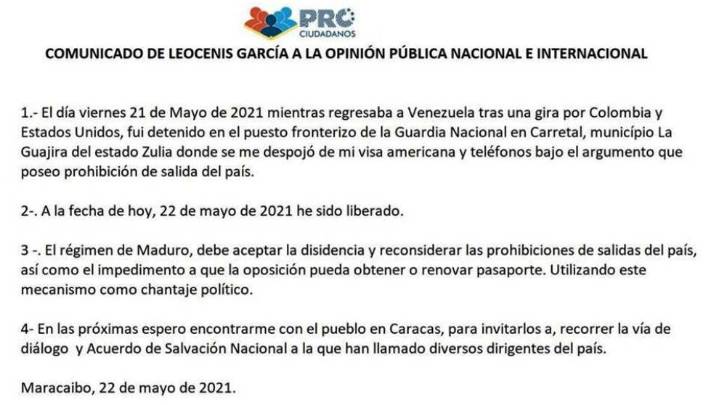 Leocenis García es liberado por el gobierno de Maduro