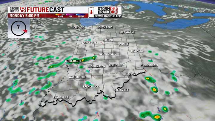 Spotty rain chances mainly southwest of Indy Monday