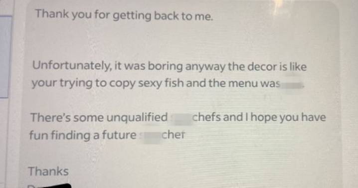 Restaurant receives foul mouthed reply after turning down interviewee