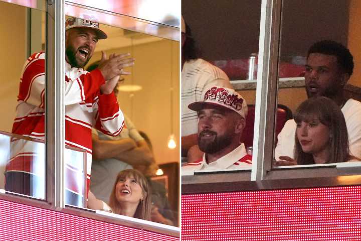 Travis Kelce and fiancee Taylor Swift spotted at college football game as animated Chiefs star cheers on former team