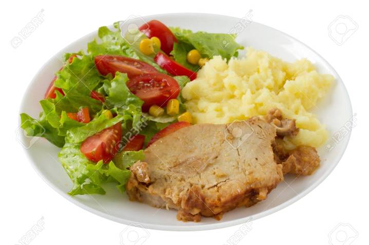 Almuerzo saludable, Puré cremoso de papa con cerdo asado y vegetales salteados