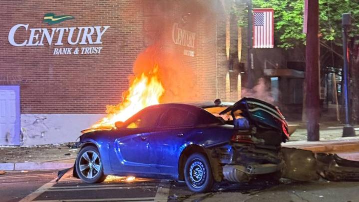 3 arrested after car chase ends in fiery downtown crash in Milledgeville, stolen guns and cars identified, police say