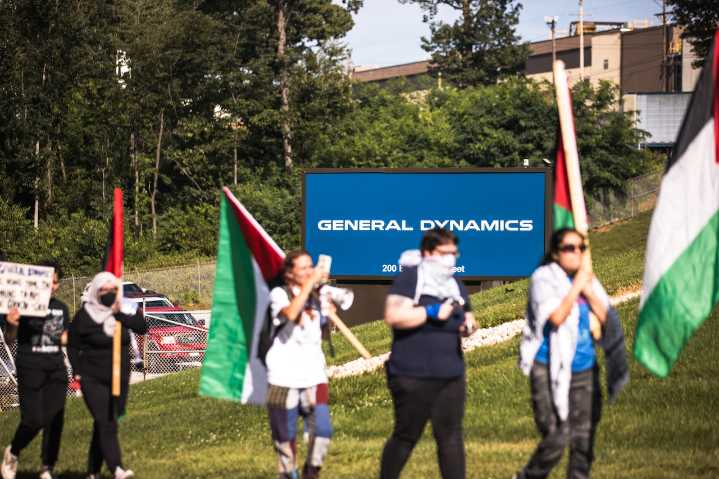 Pro-Palestinian group protests in front of weapons manufacturing giant General Dynamics