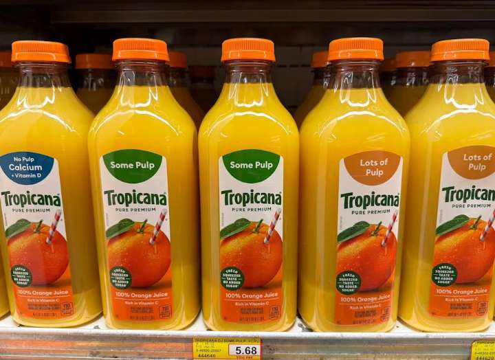 Containers of Tropicana orange juice displayed on a grocery store shelf in San Anselmo, Calif., in February.