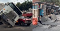 VIDEO: Se vuelca camión y cae sobre camioneta por socavón colonia obrera