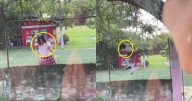 Madre capta a su hija escapando de la escuela al saltar la reja justo cuando iba por ella