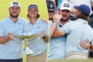 Tommy Fleetwood's stepson hugs golfer after PGA Tour win as wife Clare skips event