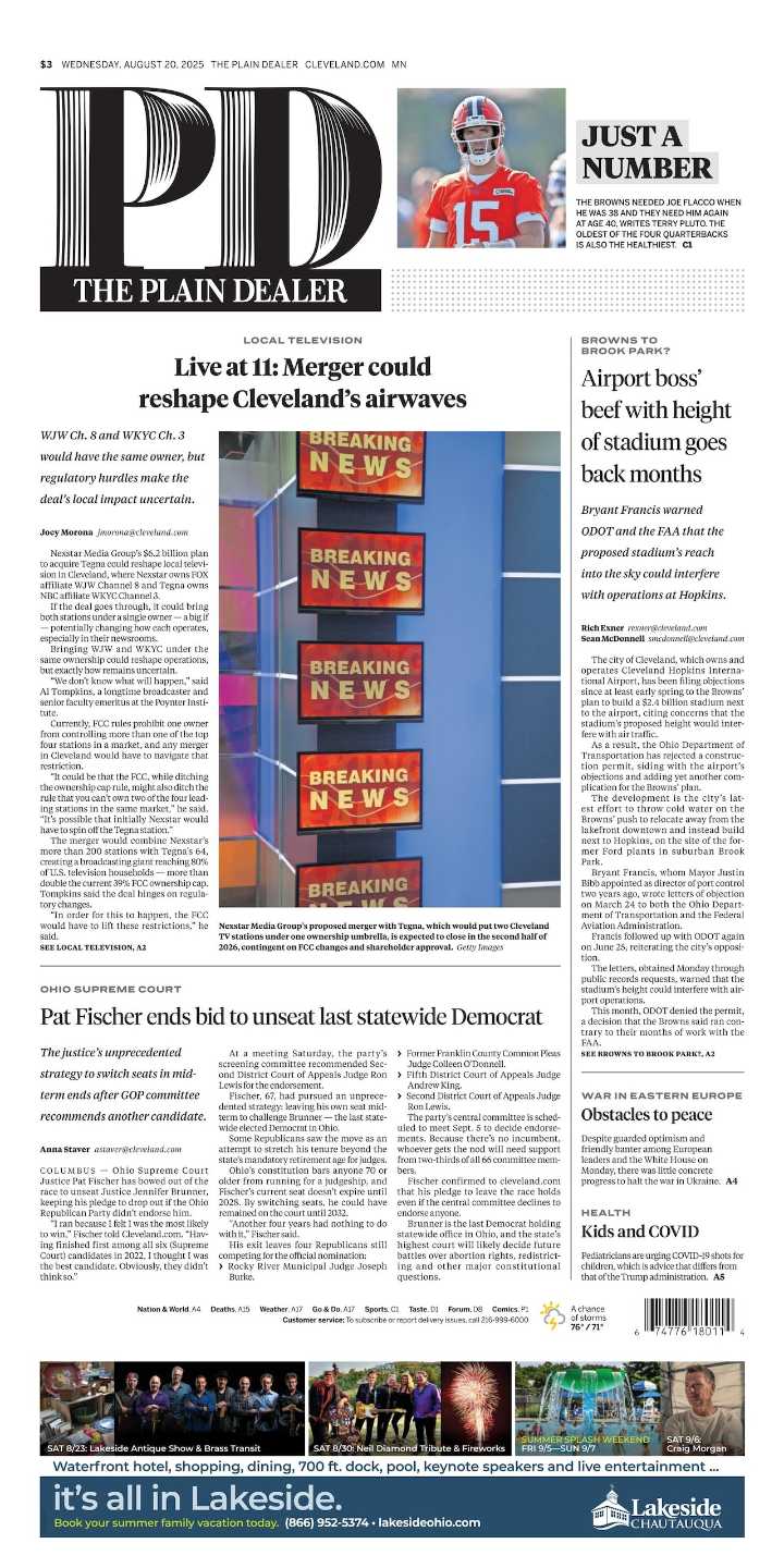 The Plain Dealer’s front page for August 20, 2025