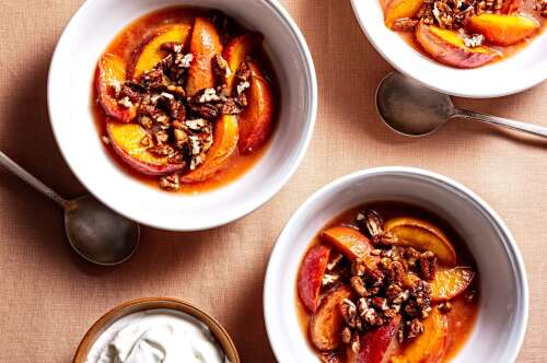 Skip the oven with these saucy skillet peaches and maple pecans