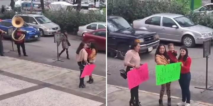 Mujer se vuelve viral al celebrar su divorcio con banda sinaloense y carteles en juzgados del Edomex