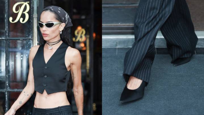Zoë Kravitz's Satin Black Heels Elevate Saint Laurent Suit Look