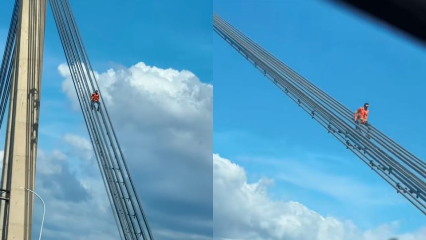 (VIDEO) Un trabajador se vuelve viral tras descender por una guaya del puente sobre el Lago de Maracaibo