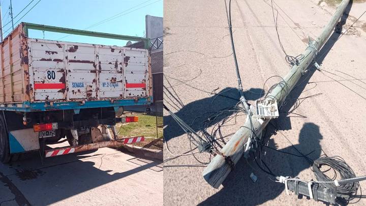 Camión enganchó cables y derribó postes en pleno centro de Añatuya