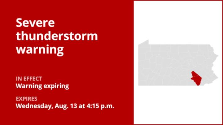 Update: The current severe thunderstorm warning for Lancaster and Lebanon counties will expire at 4:15 p.m.