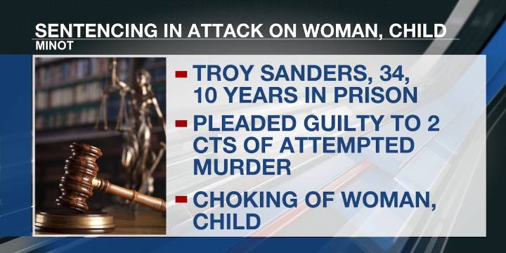Minot man sentenced to 10 years in attack on woman, child
