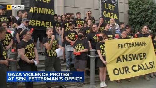 Gaza violence protesters gather outside Pennsylvania Senator John Fetterman's office in Old City