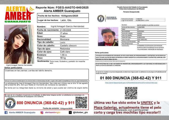 Activan Alerta Amber por adolescente y buscan a joven desaparecido en León