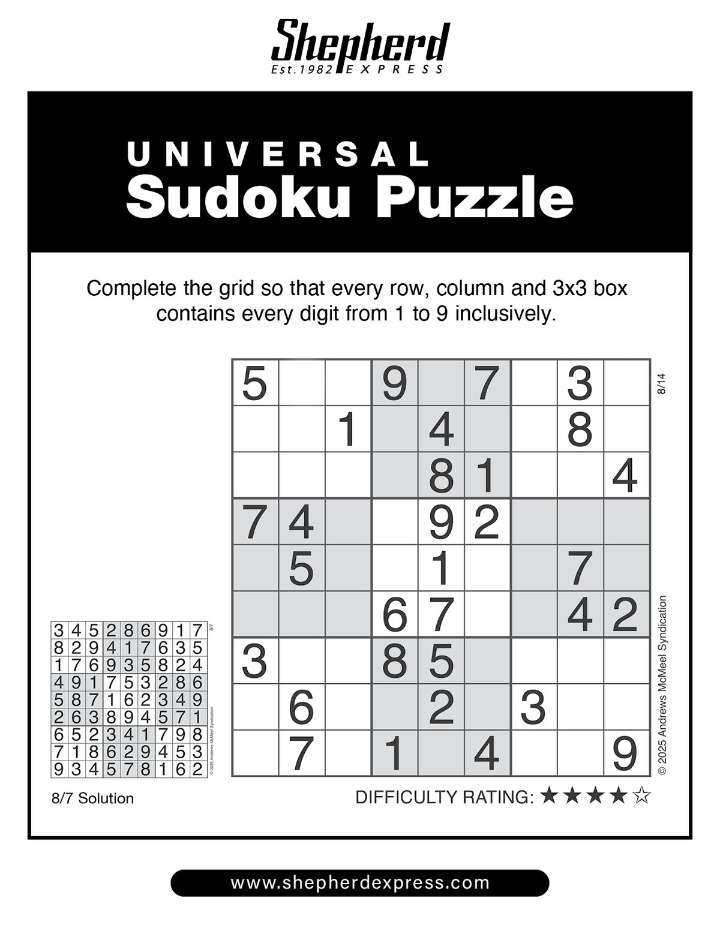 Sudoku: Aug. 14, 2025