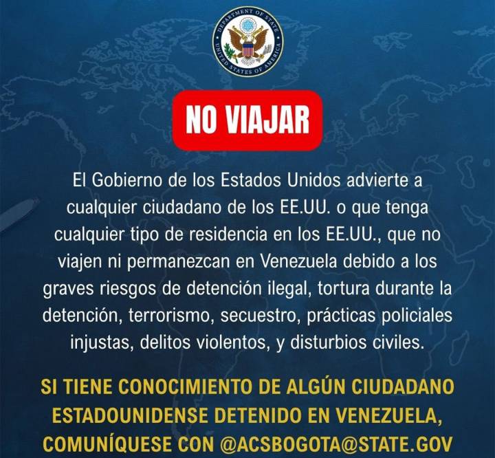 EEUU insiste en recordar a sus ciudadanos que no viajen o permanezcan en Venezuela