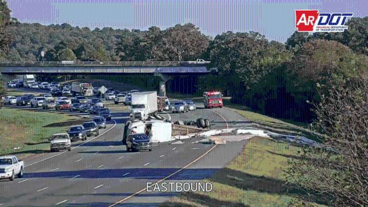 Overturned semi-truck blocking traffic on westbound I