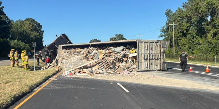 Tractor-trailer crash closes lanes of Hull Street Road