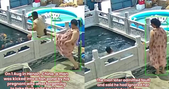 Mujer embarazada en China se vuelve viral por patear a su esposo y hacerlo caer al agua tras olvidar recoger a su hijo de la escuela