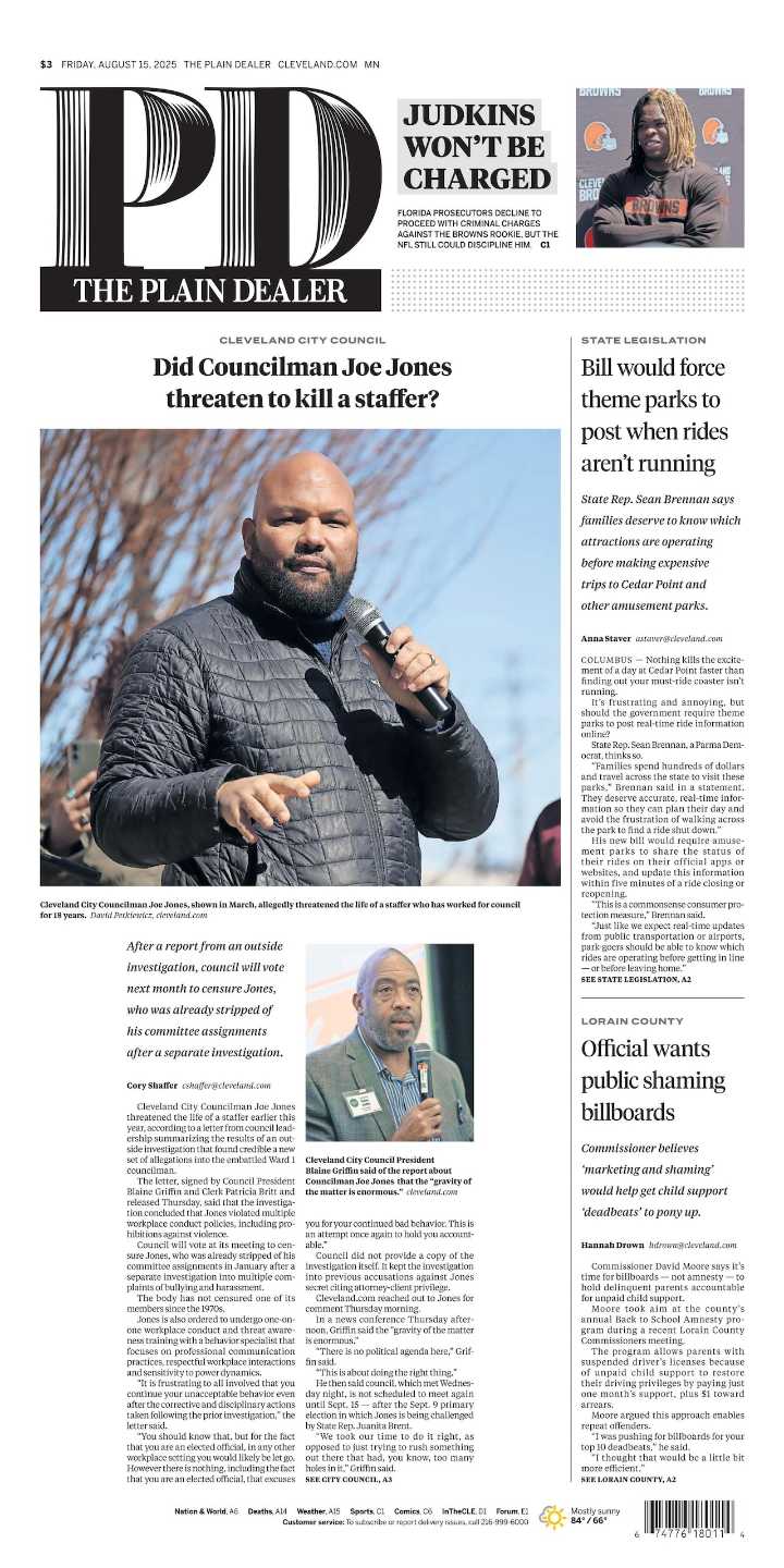 The Plain Dealer’s front page for August 15, 2025