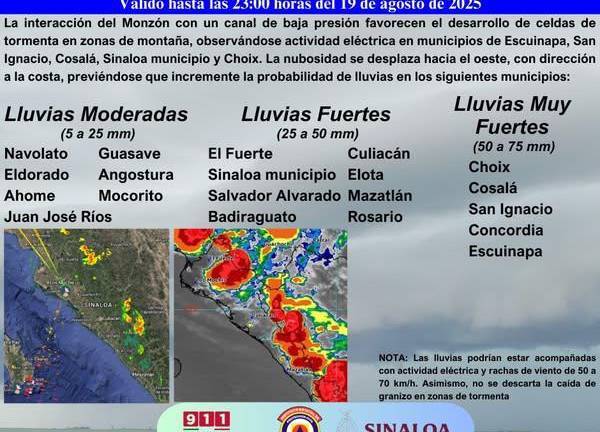 Pronostica PC de Mazatlán lluvias fuertes para la tarde