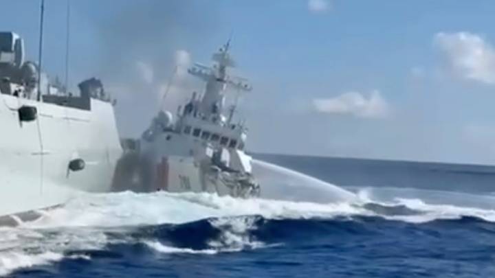 Moment Chinese ships smash into each other while chasing vessel in latest clash in South China Sea