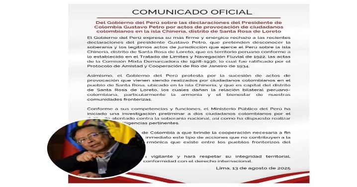 Perú rechaza declaraciones de Petro y defiende soberanía sobre la isla Chinería