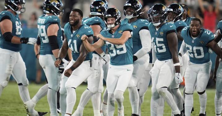 Jaguars' Cam Little hits a 70-yard field goal in an exhibition game against the Steelers