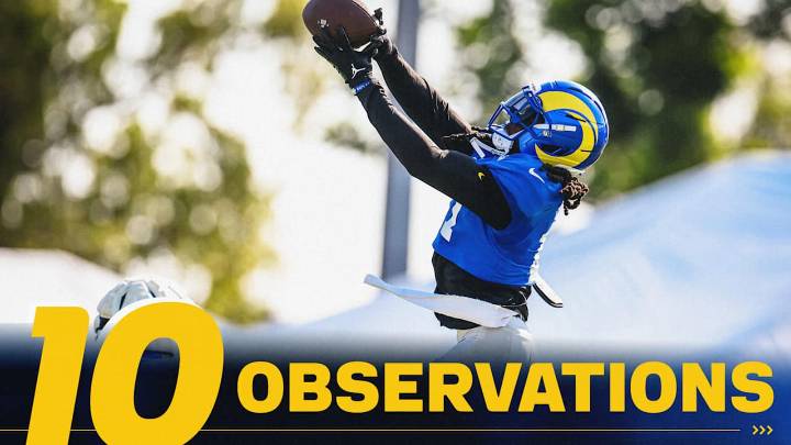 10 Observations from Day 9 of 2025 Rams Training Camp: Defense creating takeaways, Davante Adams and Davis Allen's playmaking, Konata Mumpfield's response
