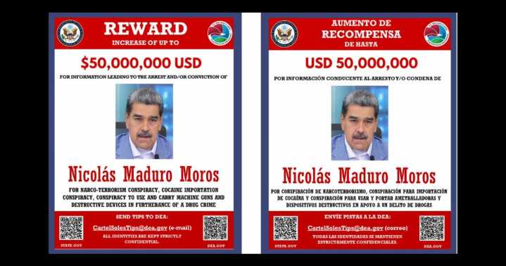 Aumenta EU a 50 mdd la recompensa por entregar al presidente de Venezuela Nicolás Maduro