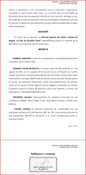 Tribunal Superior de Bogotá ordenó la libertad inmediata del expresidente, Álvaro Uribe