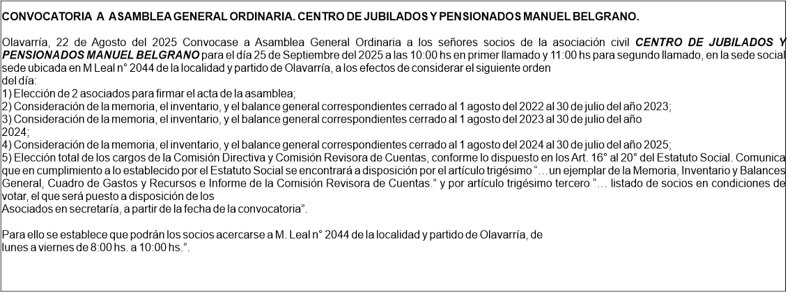 CONVOCATORIA A ASAMBLEA GENERAL ORDINARIA: CENTRO DE JUBILADOS Y PENSIONADOS MANUEL BELGRANO