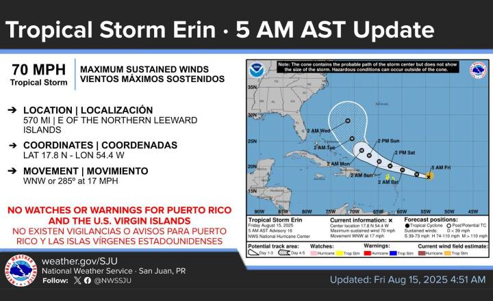 Tormenta tropical Erin se convertirá en huracán hoy