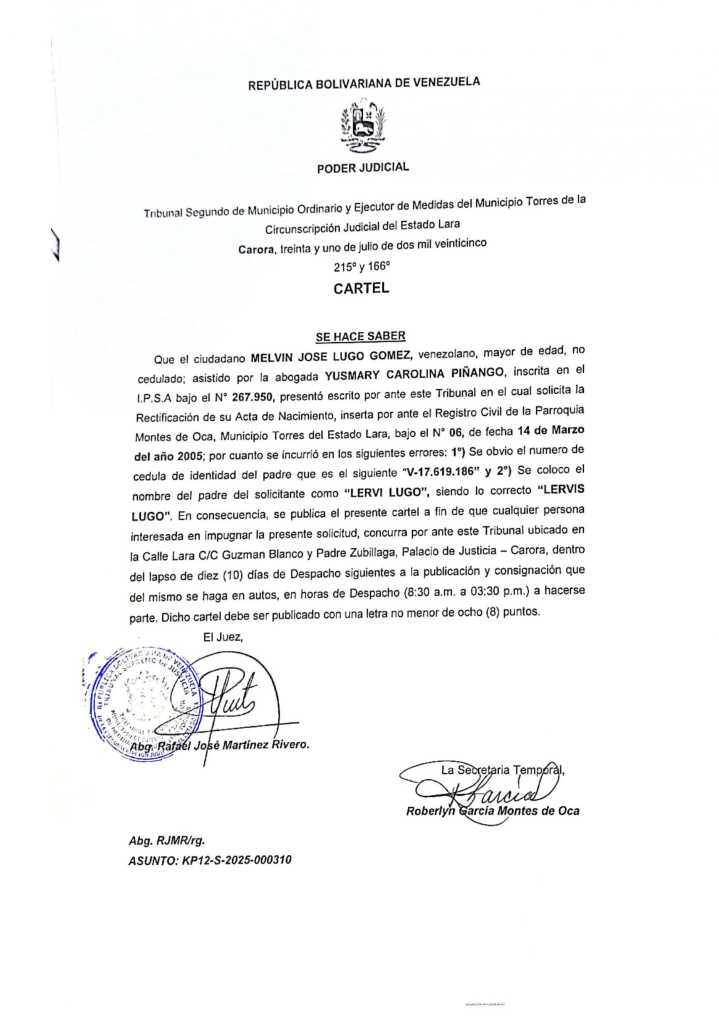 Cartel de Notificación – Rectificación de Acta de Nacimiento presentada por el ciudadano Melvin José Lugo Gómez, asunto: KP12-S