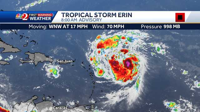 Tropical Storm Erin to become hurricane today in Atlantic