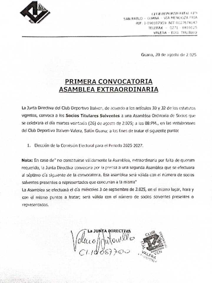 Primera Convocatoria Asamblea Extraordinaria Club Deportivo ITALVEN