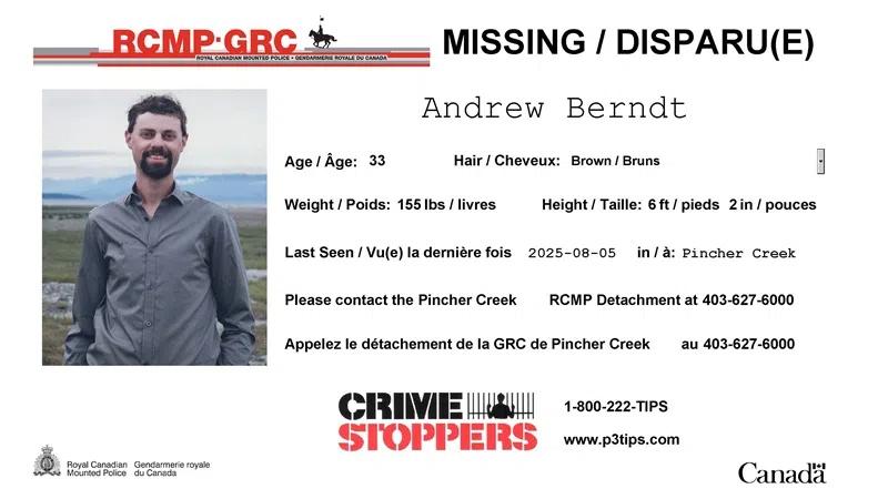 Missing: Andrew Berndt, 33, of Pincher Creek