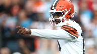 How many yards does Shedeur Sanders have in Browns debut in Carolina?
