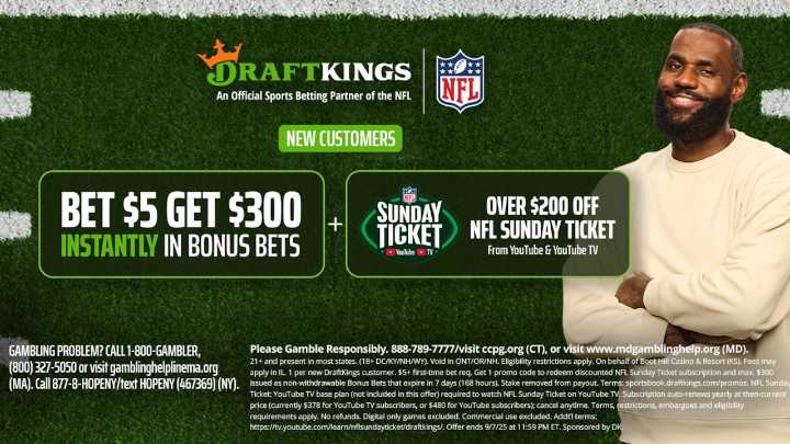DraftKings promo code upgraded: $300 bonus and $200+ NFL Sunday Ticket discount