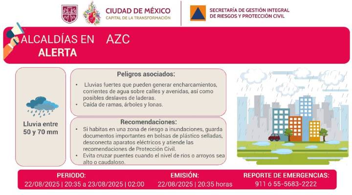Activan alerta roja por lluvias en Azcapotzalco; prevén afectaciones hasta la madrugada