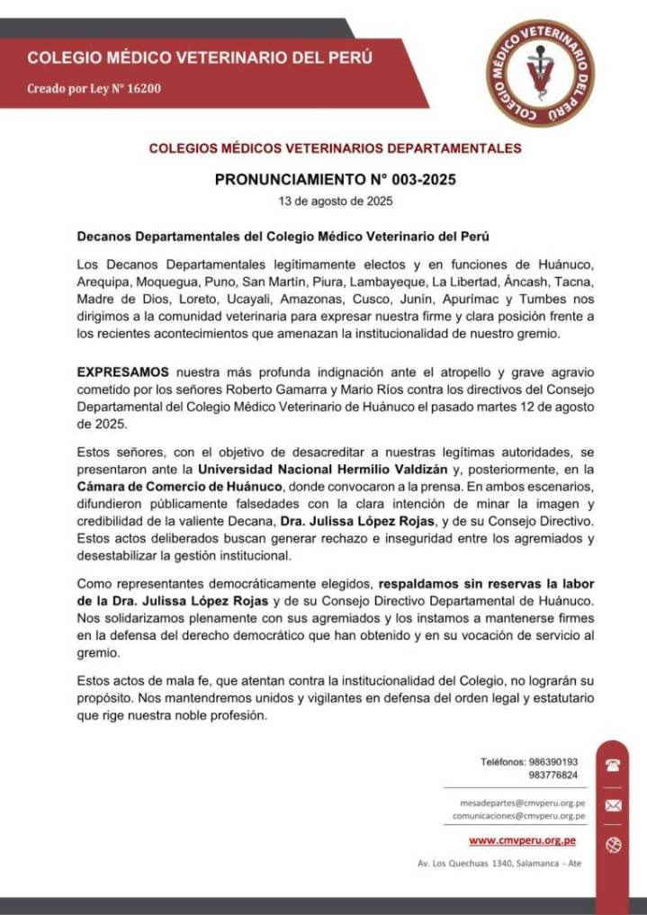Decanos departamentales del Colegio Médico Veterinario del Perú denuncian candidatura fraudulenta y exigen ley y transparencia