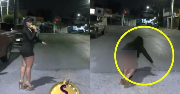 Reportera sufre incómodo momento al caer en bache y mostrar su ropa interior
