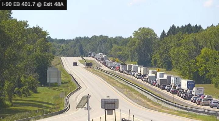 Bus rollover with dozens of passengers shuts down all lanes on NY Thruway east of Buffalo