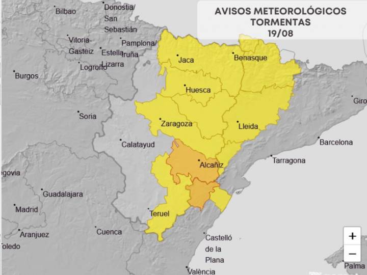 Avisos naranjas por lluvias y tormentas en Bajo Aragón, para el martes 19 de agosto