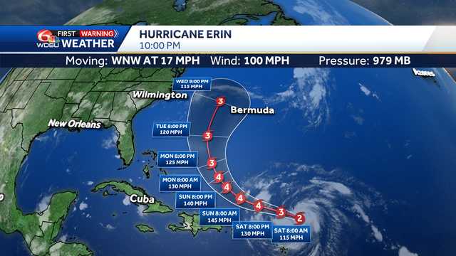 Erin is a category 2 hurricane and is still moving quickly WNW