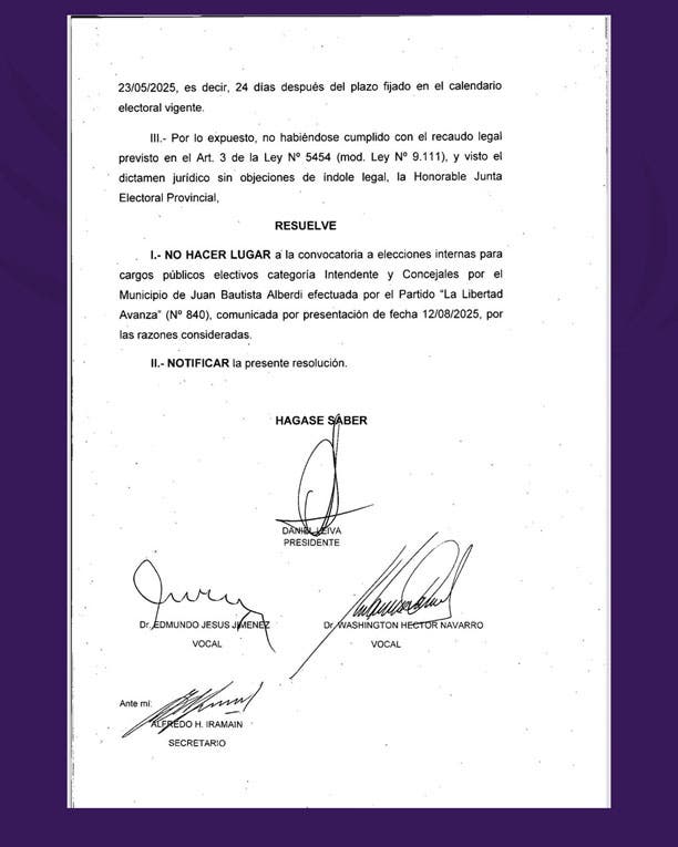LLA no podrá participar de la elección en Alberdi: se inscribió 24 días después del plazo legal