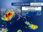 145 MPH winds, Hurricane Erin strengthens to Category 4 as it moves across mid